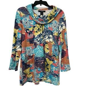 Ali Miles Vibrant Artsy Boho Patchwork Cowl Neck Tunic Top Medium
